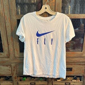 Nike White Tee with Blue Swoosh and FLY Text